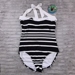 Ralph Lauren Sz 14 Kaylee Black White Striped Bandeau Halter‎ Slimming Swim Suit